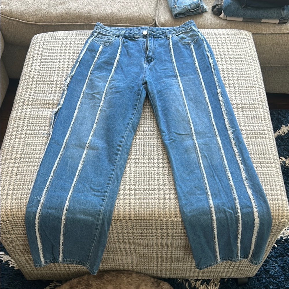 Baggy Blue Jeans with White Stripes